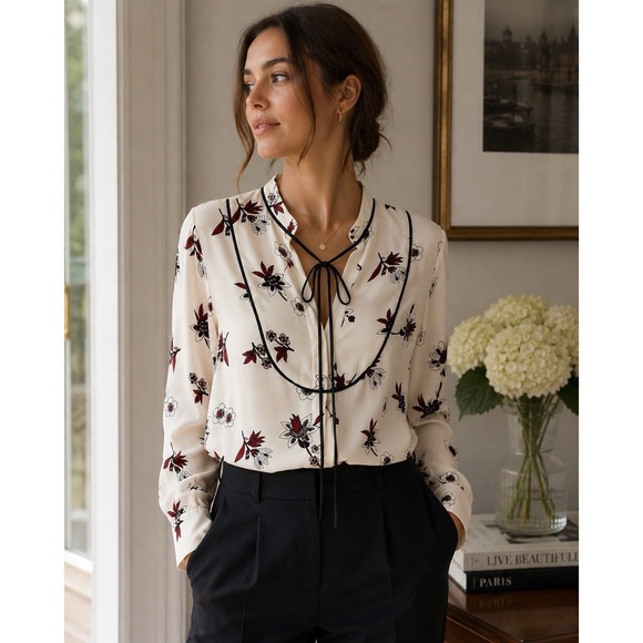 A.L.C. Tops - A.L.C. 100% Silk Floral Blouse Size 4 Cream Tie Neck Mandarin Collar Top